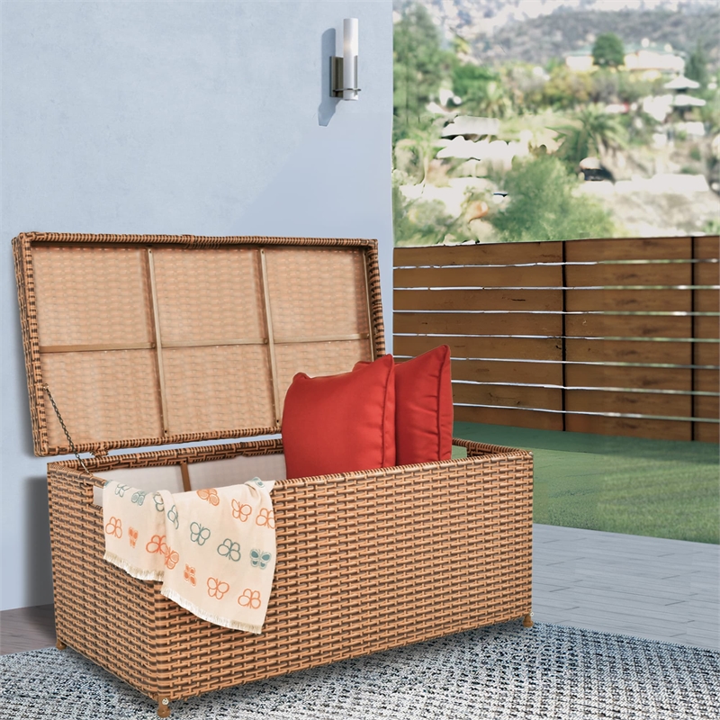 Bowery Hill Contemporary Wicker Patio Storage Deck Box in Honey