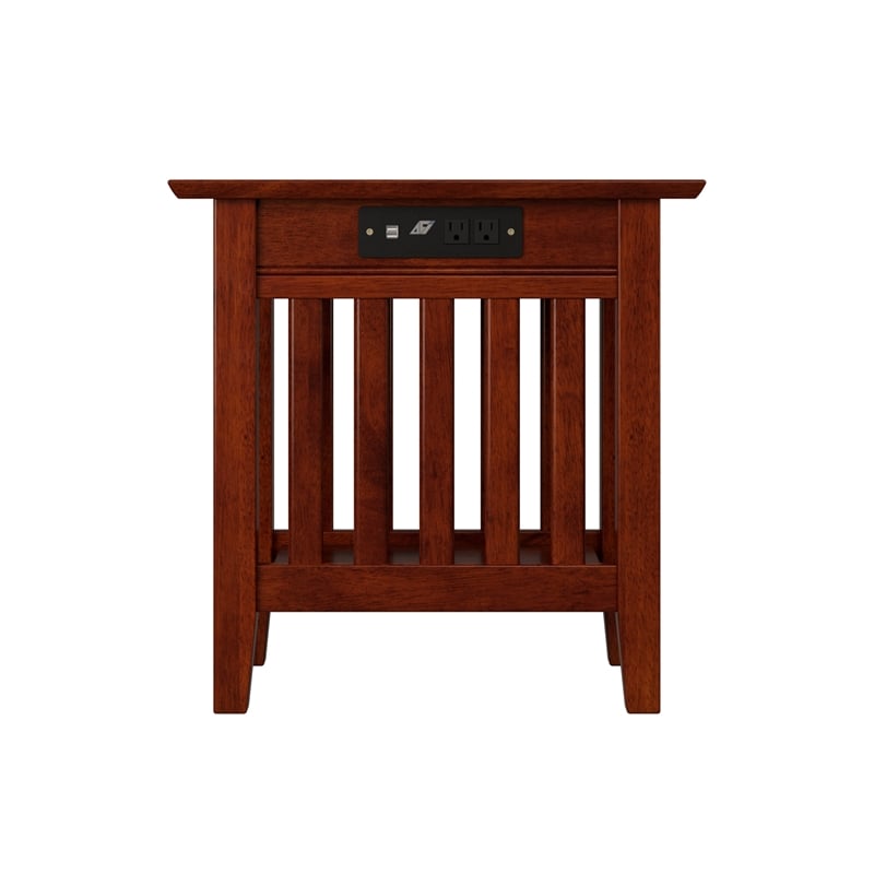 Bowery Hill Solid Wood Chair Side Table with BuiltIn Device Charger Brown Walnut