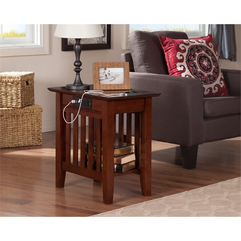 Bowery Hill Solid Wood Chair Side Table with BuiltIn Device Charger Brown Walnut