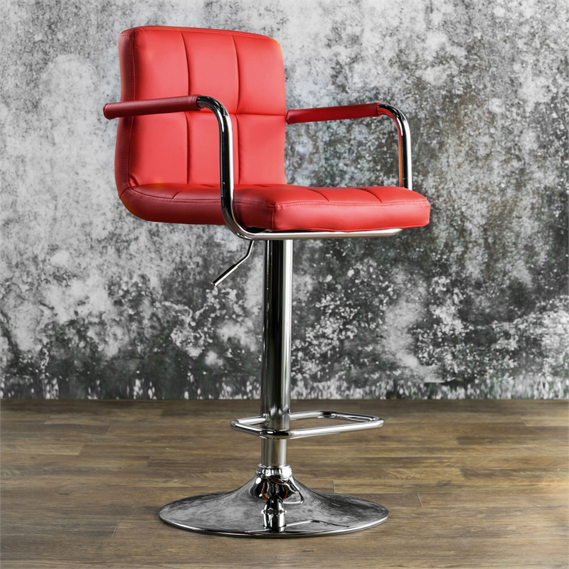 Bowery Hill Modern Chrome Stand Adjustable Faux Leather Bar Stool in Red
