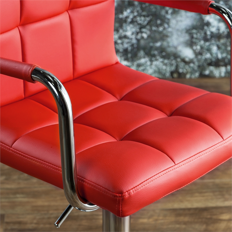 Bowery Hill Modern Chrome Stand Adjustable Faux Leather Bar Stool in Red
