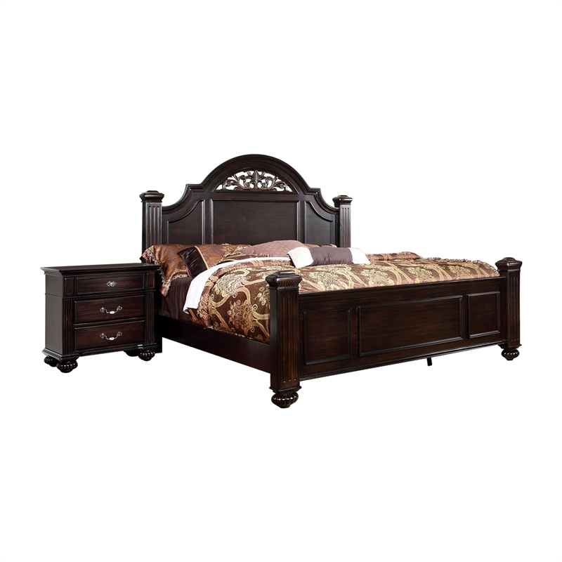 Bowery Hill 2pc Dark Walnut Solid Wood Bedroom Set - King Bed + Nightstand