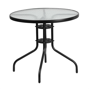 Bowery Hill 31.5&quot Round Glass Top Patio Dining Table in Black