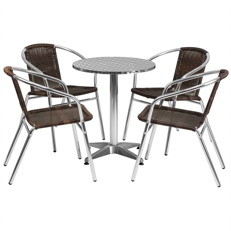 Bowery Hill 5 Piece Round Patio Bistro Set in Aluminum and Brown
