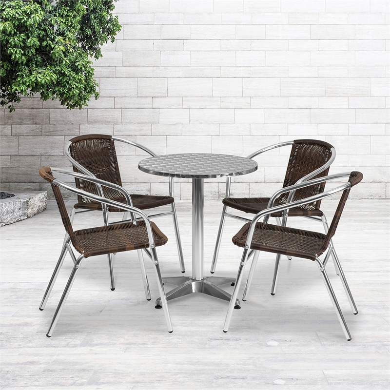 Bowery Hill 5 Piece Round Patio Bistro Set in Aluminum and Brown