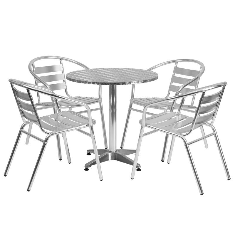 Bowery Hill Contemporary 5 Piece Round Patio Dining Set in Aluminum Gray