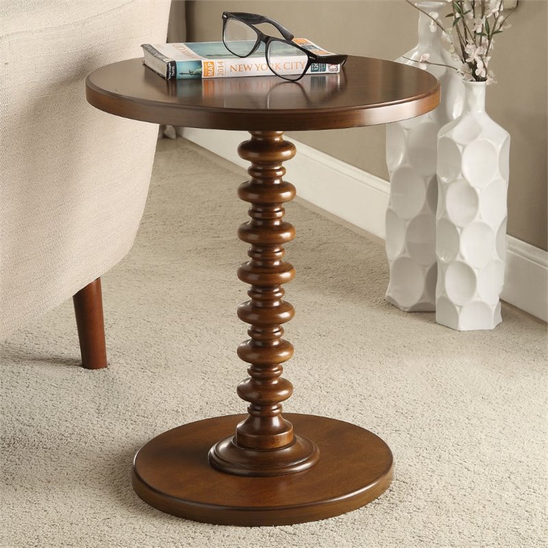 Bowery Hill Contemporary Round Wood Pedestal End Table in Walnut