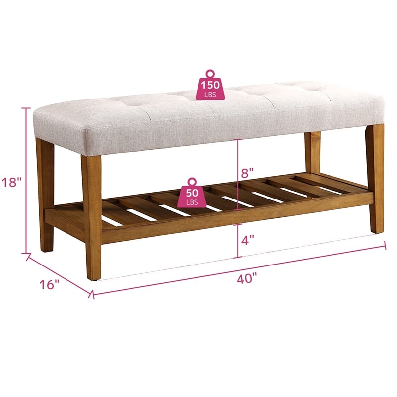 Bowery Hill Fabric Upholstered Bench with Bottom Shelf in Light Gray and Oak