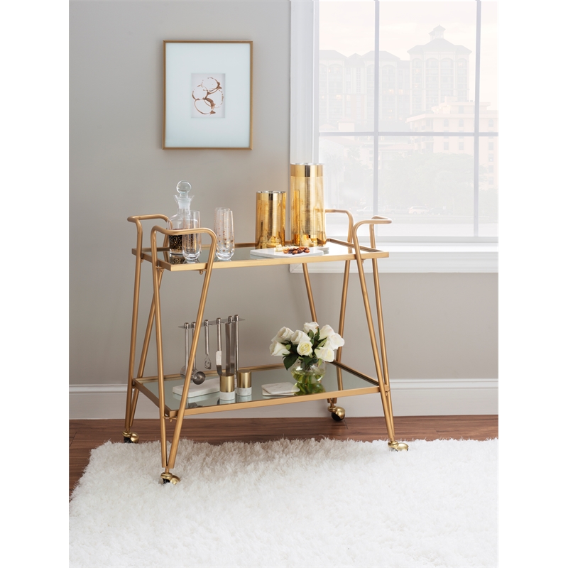 Bowery Hill Mid-Century Mirrored Metal Bar Cart in Gold Finish