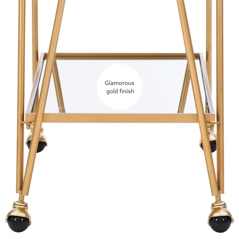 Bowery Hill Mid-Century Mirrored Metal Bar Cart in Gold Finish