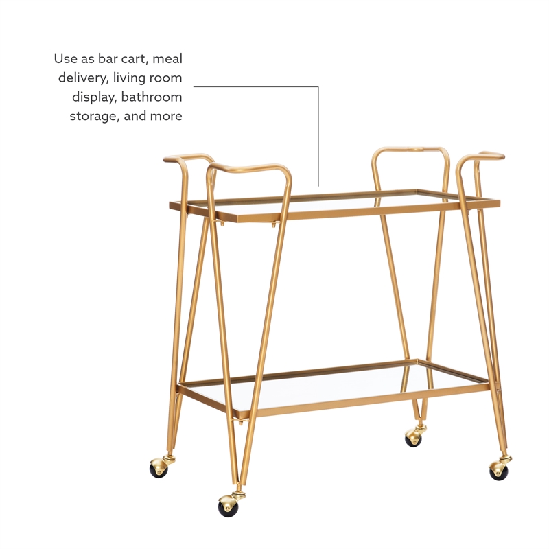 Bowery Hill Mid-Century Mirrored Metal Bar Cart in Gold Finish