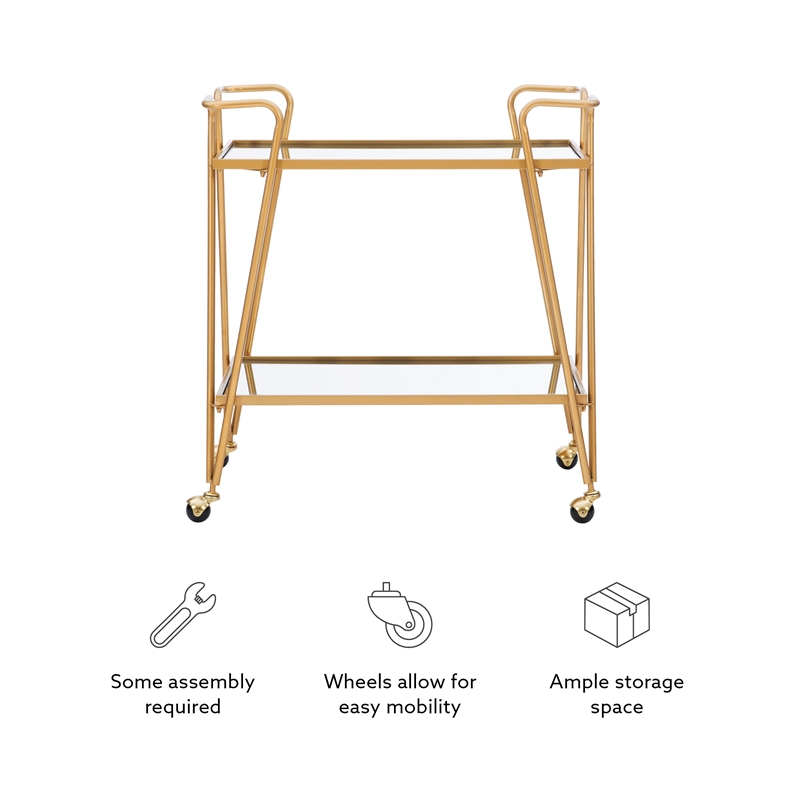 Bowery Hill Mid-Century Mirrored Metal Bar Cart in Gold Finish