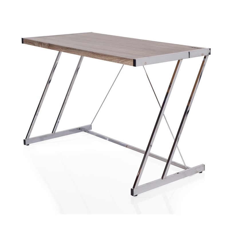 Bowery Hill Wood Top Writing Desk with USB Dock in Weathered Oak and Chrome