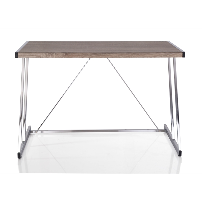 Bowery Hill Wood Top Writing Desk with USB Dock in Weathered Oak and Chrome