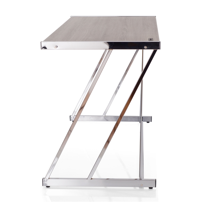 Bowery Hill Wood Top Writing Desk with USB Dock in Weathered Oak and Chrome