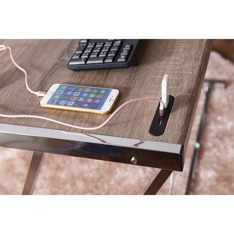Bowery Hill Wood Top Writing Desk with USB Dock in Weathered Oak and Chrome