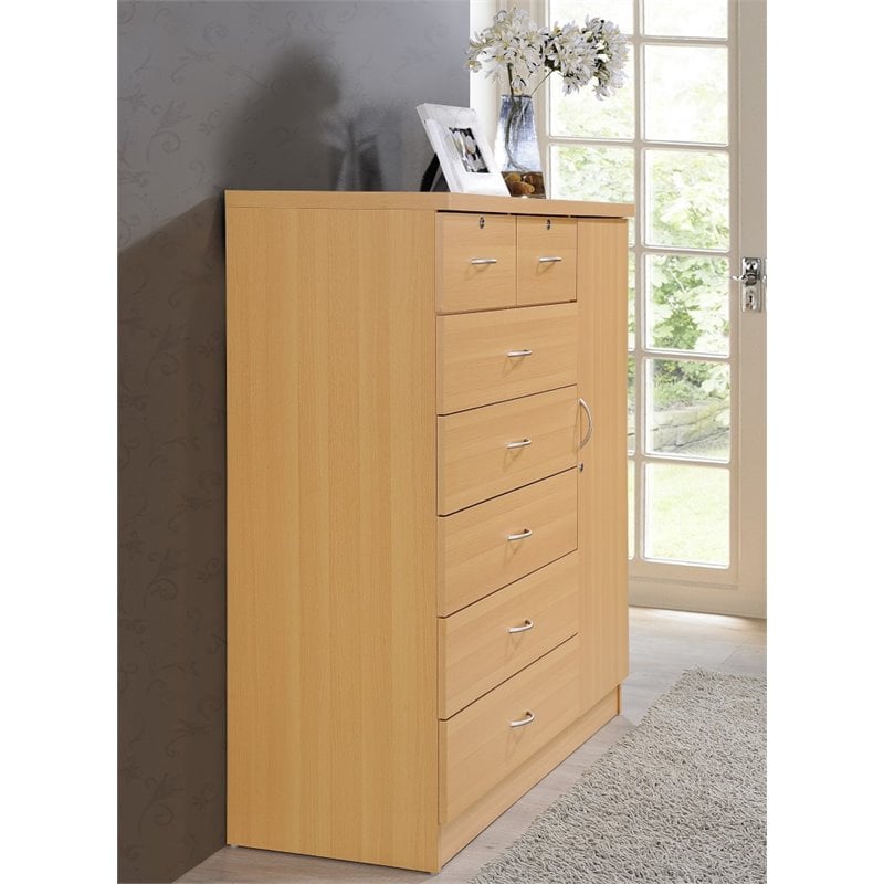 Bowery Hill 7 Drawer Chest with Locks on 2 Drawers and 1 Door in Beech Wood