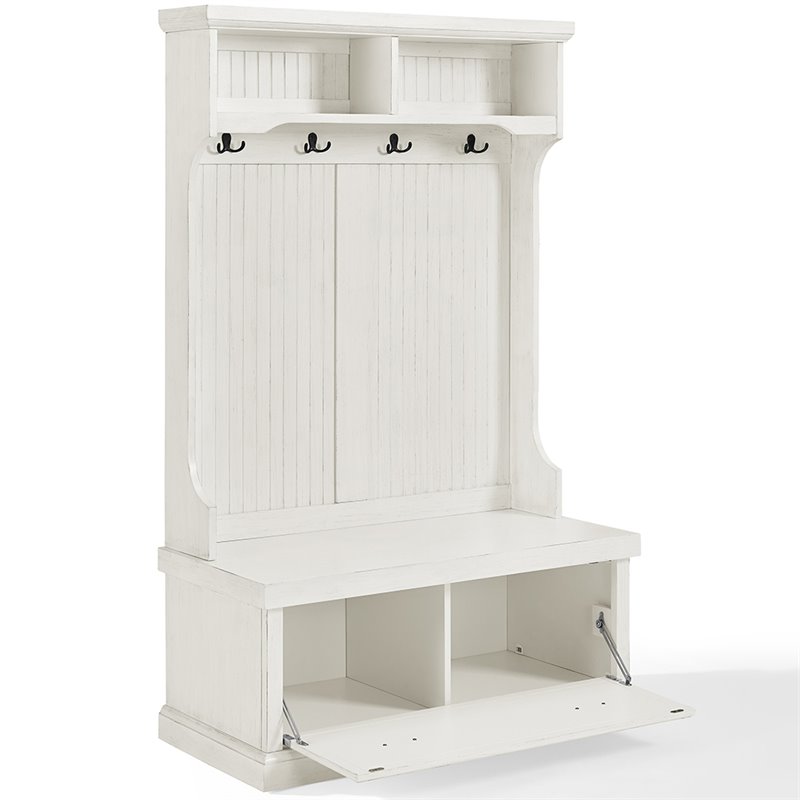 Bowery Hill Coastal Wood Hall Tree in Distressed White Finish