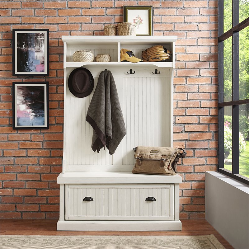 Bowery Hill Coastal Wood Hall Tree in Distressed White Finish