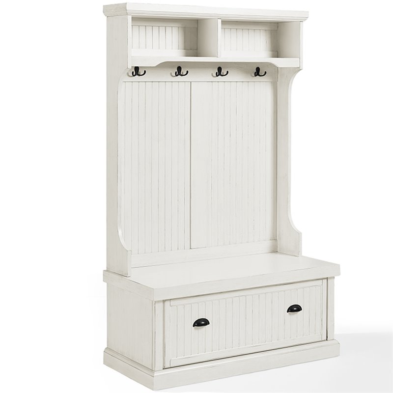 Bowery Hill Coastal Wood Hall Tree in Distressed White Finish