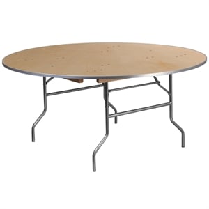 Bowery Hill 66&quot Round Birchwood Folding Banquet Table in Natural and Silver