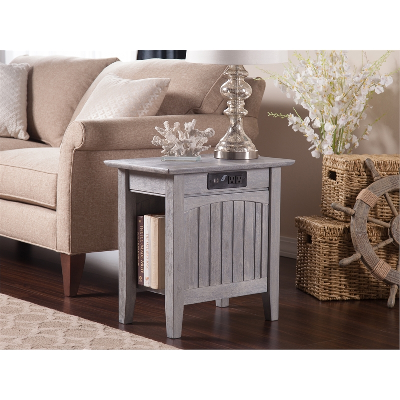 Bowery Hill Solid Wood Side Table with Device Charger in Driftwood