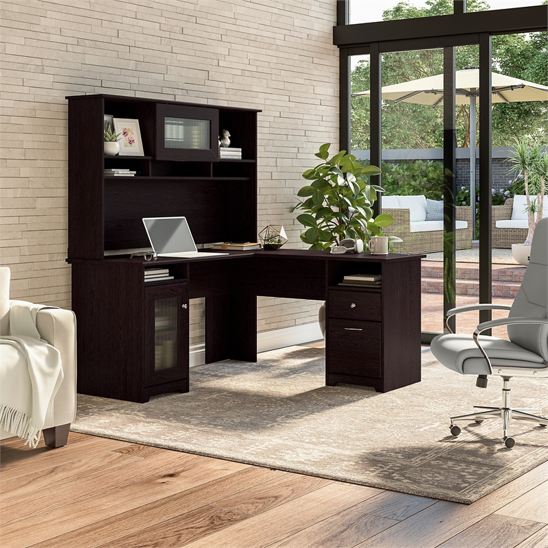 Bowery Hill L Shaped Desk with Hutch in Espresso Oak - Engineered Wood