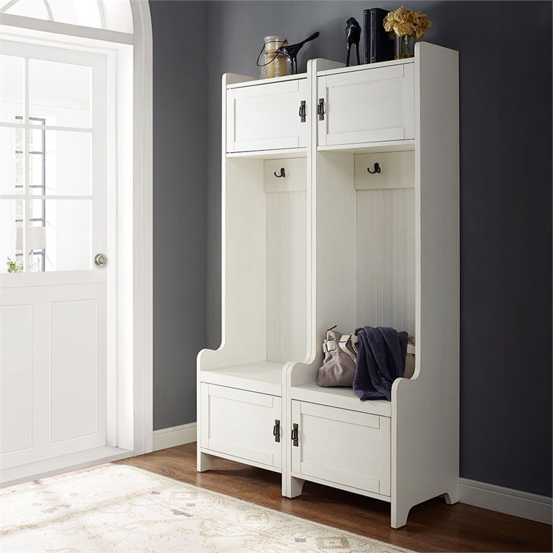 Bowery Hill Contemporary Wood Hall Tree in Distressed White (Set of 2)