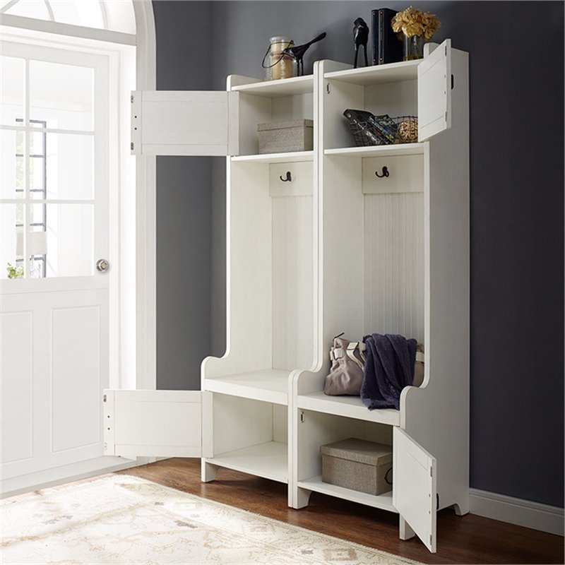 Bowery Hill Contemporary Wood Hall Tree in Distressed White (Set of 2)