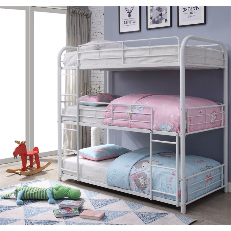 Bowery Hill Industrial Metal Frame Triple Full Bunk Bed in White