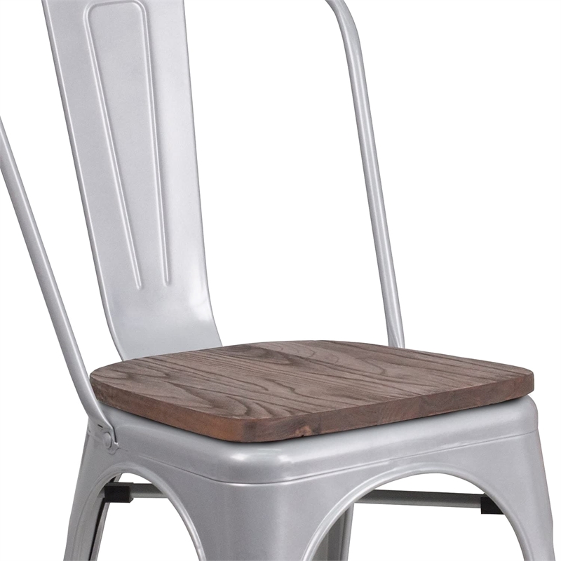 Bowery Hill Metal Dining Side Chair in Silver and Wood Grain