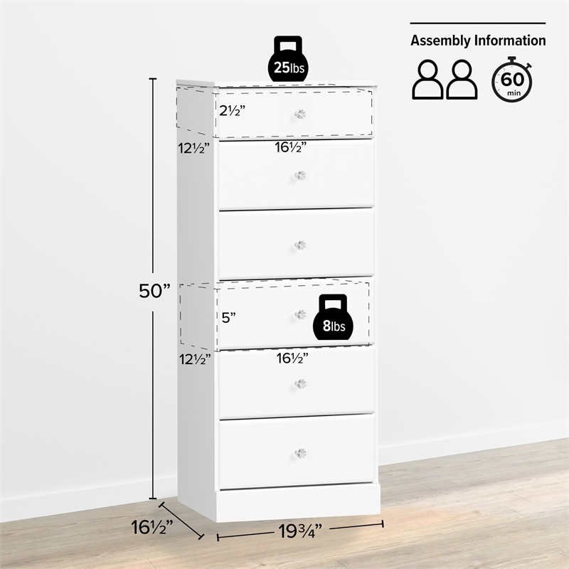 Bowery Hill Contemporary 6 Drawer Tall Chest in White Finish