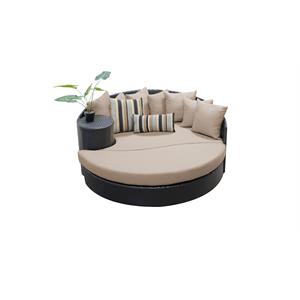 bowery hill circular wicker patio sun bed in espresso with wheat cushions