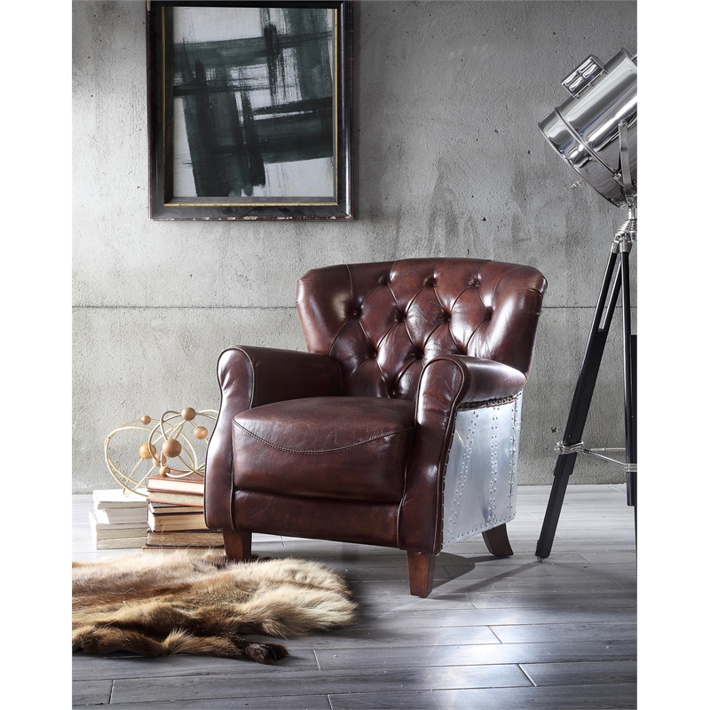 Bowery Hill Transitional Accent Chair in Vintage Brown & Aluminum