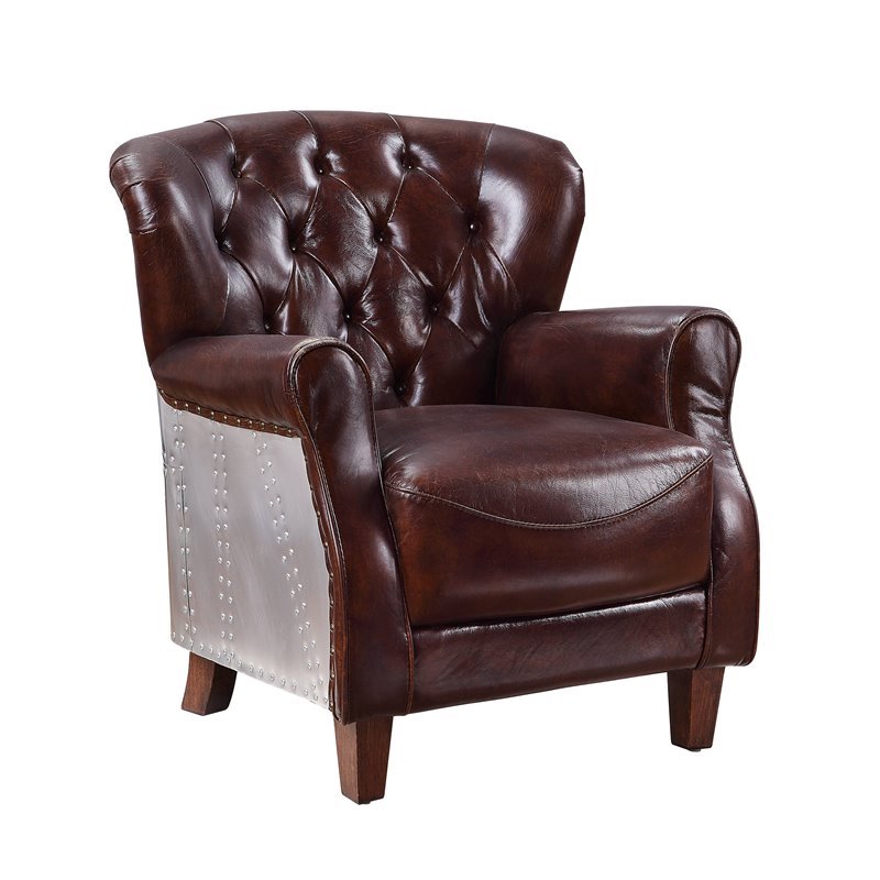 Bowery Hill Transitional Accent Chair in Vintage Brown & Aluminum
