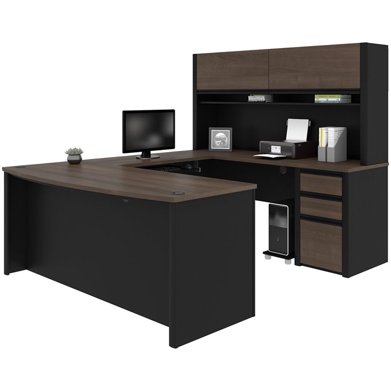 Bowery Hill 6 Piece U Shaped Computer Desk with Hutch in Antigua and Black