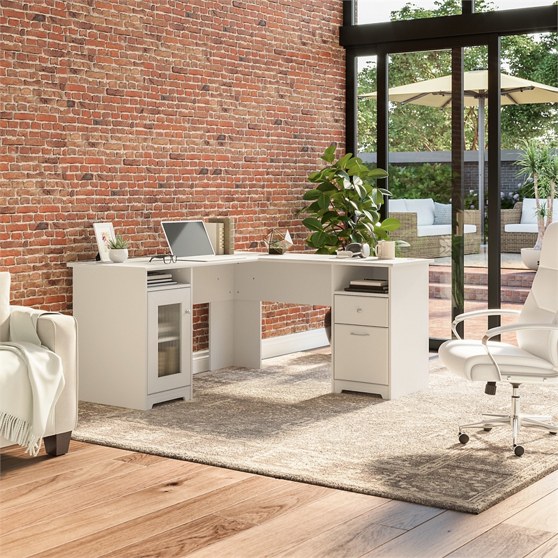 Bowery Hill 60W L Desk with Storage in White - Engineered Wood