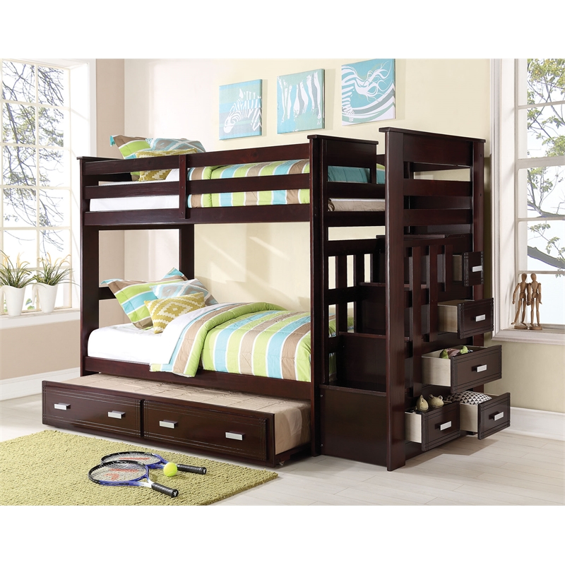 Bowery Hill Twin/Twin Bunk Bed with Storage Ladder & Trundle in Espresso