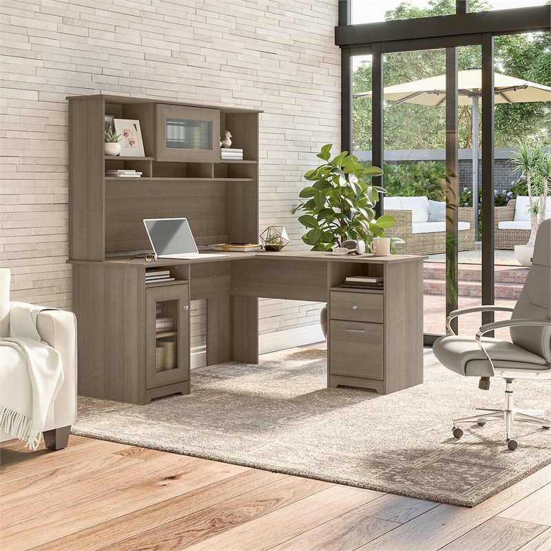 Bowery Hill 60W L Shaped Computer Desk with Hutch in Ash Gray - Engineered Wood