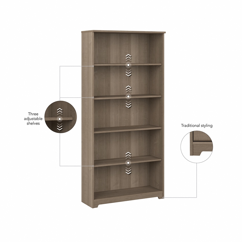 Bowery Hill Traditional 5 Shelf Bookcase in Ash Gray - Engineered Wood
