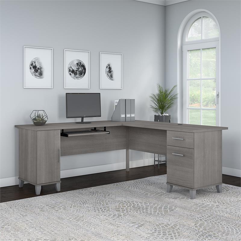 Bowery Hill 72W L Shaped Desk with Storage in Platinum Gray - Engineered Wood