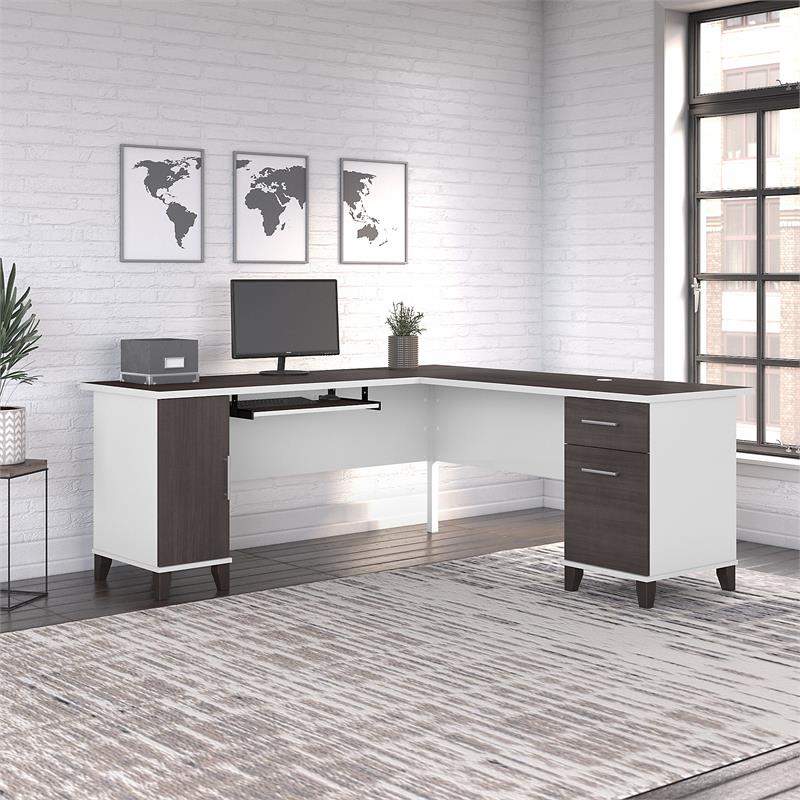 Bowery Hill Engineered Wood 72W L Shaped Desk with Storage in White & Storm Gray