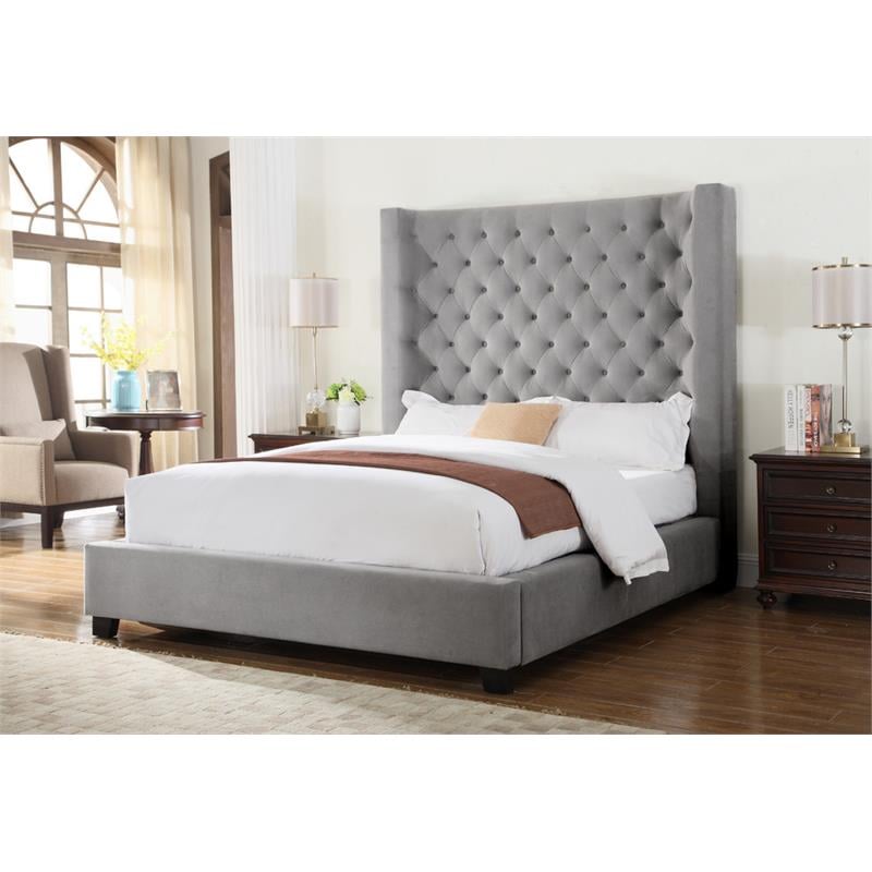 Bowery Hill Velvet Upholstered Tower High Profile Queen Bed in Gray