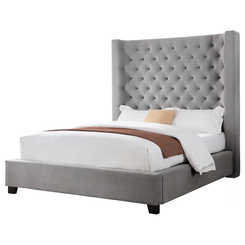 Bowery Hill Velvet Upholstered Tower High Profile Queen Bed in Gray