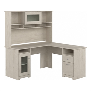 Bowery Hill 60W Wood L Shaped Computer Desk with Hutch in Linen White Oak