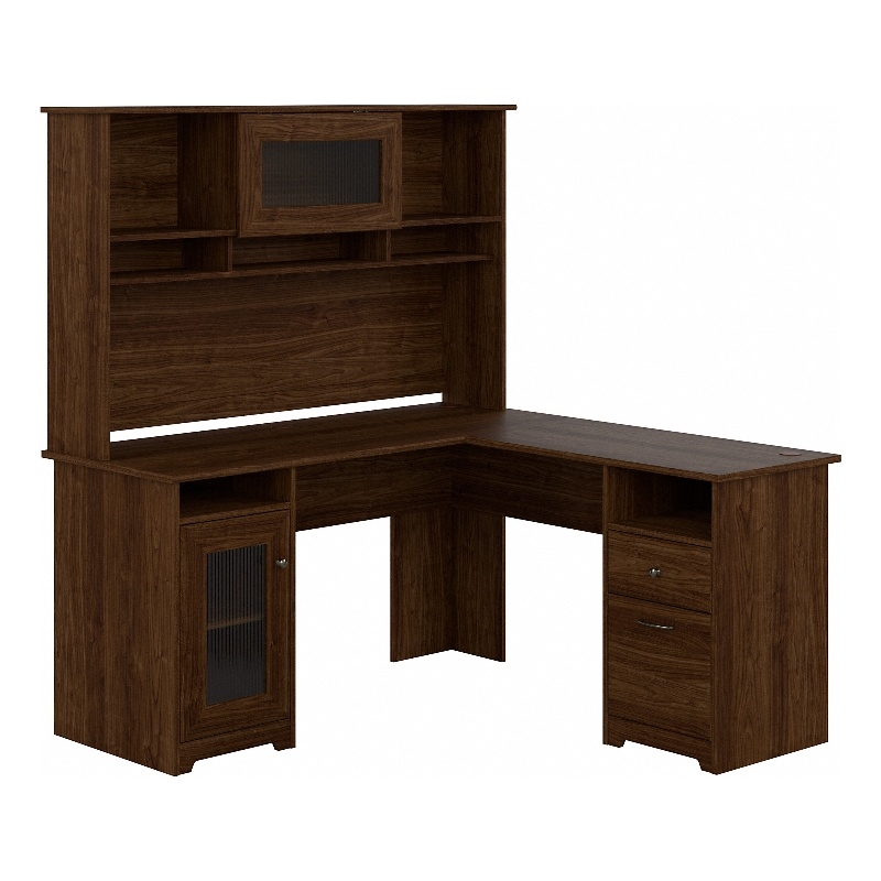 Bowery Hill Engineered Wood 60W L Shaped Computer Desk with Hutch in Walnut
