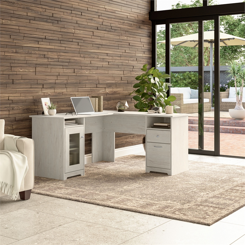 Bowery Hill Engineered Wood 60W L-Shaped Computer Desk in Linen White Oak