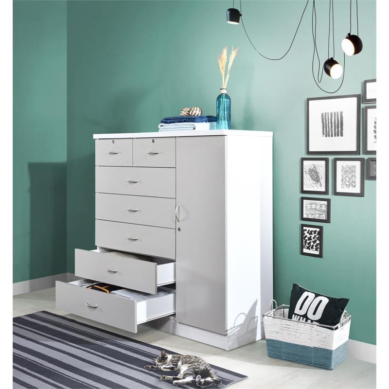 Bowery Hill 7 Drawer Chest with Locks on 2 Drawers and 1 Door in Gray Wood