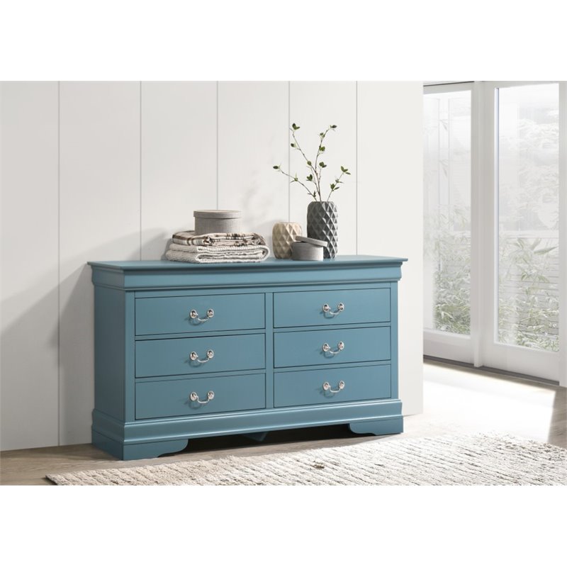 Bowery Hill Traditional 6 Dovetailed Drawers Dresser in Teal