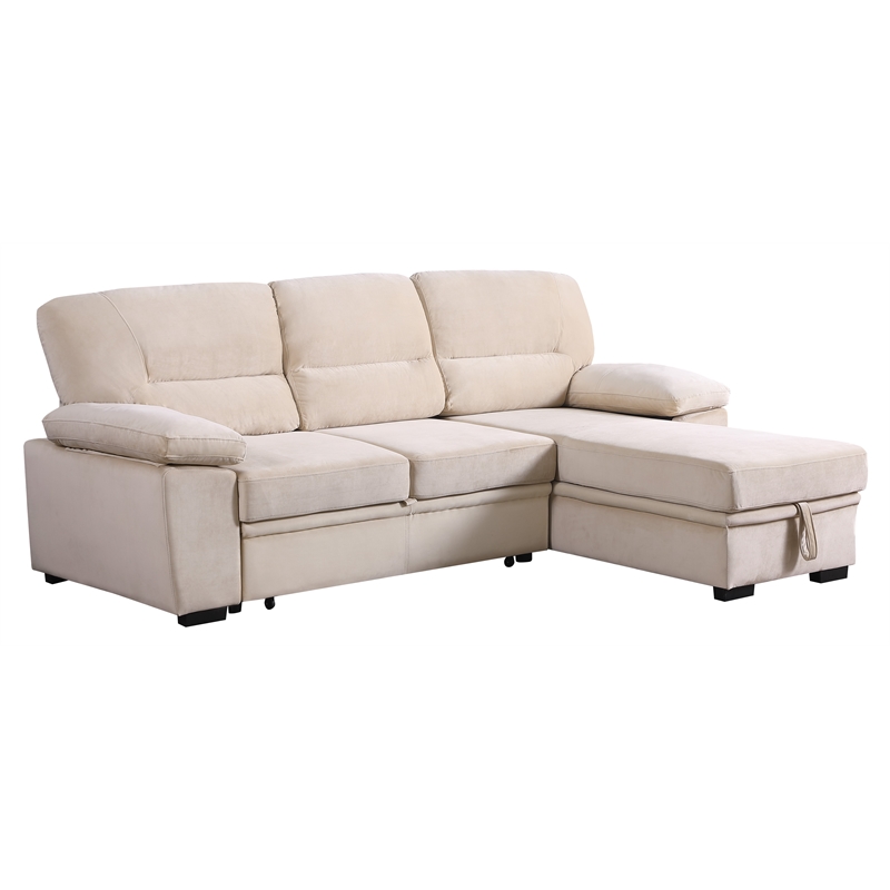 Bowery Hill Beige Velvet Fabric Reversible Sleeper Sectional Sofa Chaise